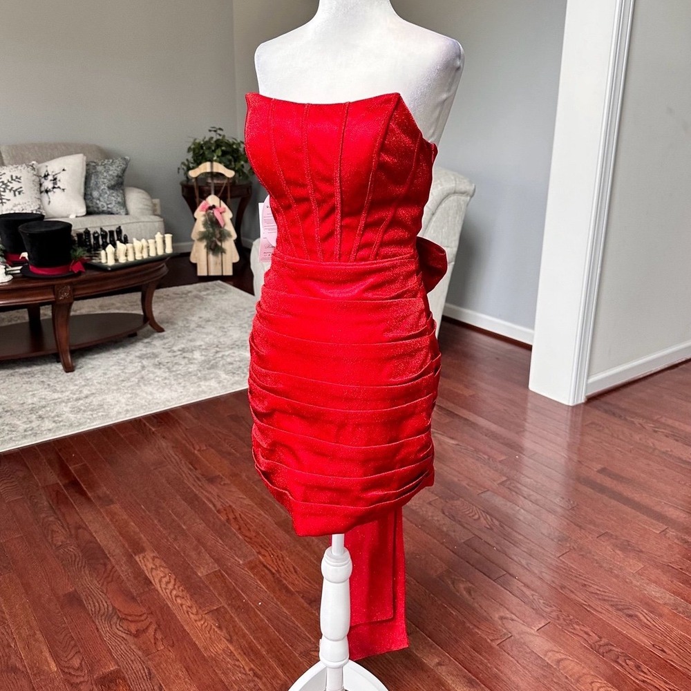 Handmade Luxury Red Glitter Layered Cocktial Dress With Bow Pin Size Small NWT - Picture 2 of 12